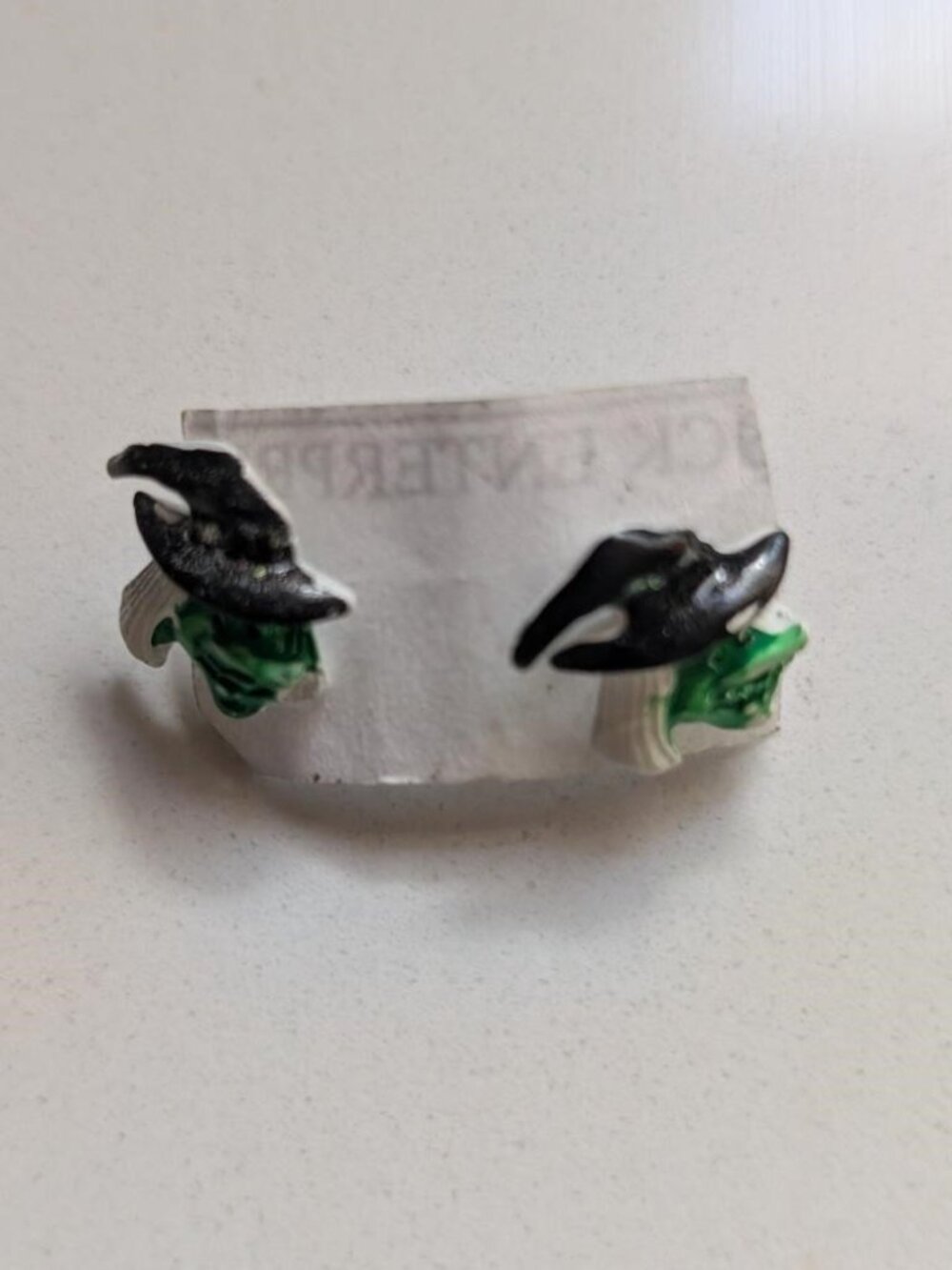 Vintage Halloween Green Witch with Black Hat & White Hair Stud Earrings.